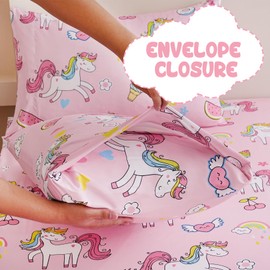 Yibeizi - Juego de sábanas de unicornio rosa para niñas individuales, juego de sábanas de microfibra con bolsillos profundos y bonitos diseños de 3 piezas