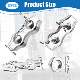 M4 Duplex Clamp, Pack of 12 Wire Rope Clamp, 304 Stainless Steel Rope Clamp, Rope Clamps for 3 mm Steel Cable Wire Rope Washing Line Awning Fixed