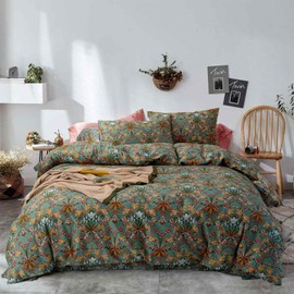 Faincy Bohemian Duvet Cover King Size - Boho Paisley Green Floral Pattern Printed Microfiber Comforter Cover Set - 3PC 90 X 104 Soft and Lightweight Quilt Cover, Retro Farmhouse Style for Women Men