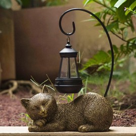 DHOBY GHAUT Cat Statue for Garden Outdoor Statues Decor - 13” Sleeping Cat Figurines Solar Light Resin Garden Statues with Large Lantern Outdoor Waterproof Lawn Porch Ornament Decor, Gift for Mom