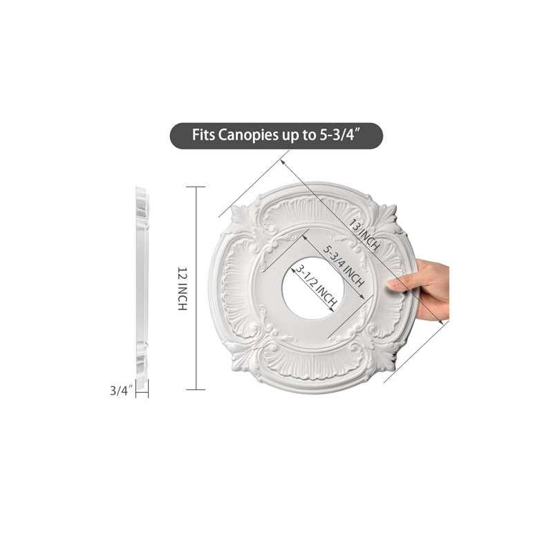 2 Pack White Home Lighting Ceiling Medallions Molded Plastic, 13"