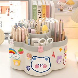 aiyawen Pen Holder for Desk, 360°Rotating Pencil Pen Holder, Desk Pen Organizer with 6 Slots, Large-capacity Desk Organizer, Pencil Holder for Desk, Office, School, Home Use (Beige)