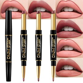 3Pcs Matte Lip Liner and Lipstick Combo Set for Women,Antique Rose Chestnut Nude Brown Double-Ended Lip Liner and Lipstick Kit,24 Hours Long Lasting Waterproof Smudge Proof Makeup labial-04#11#12#