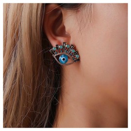 Inilbran Boho Crystal Evil Eye Earrings Blue Turquoise Evil Eye Stud Earrings Vintage Crystal Devil Eye Earrings Sparkling CZ Evil Eye Protection Earrings Jewellery for Women and Girls