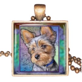 Donna Bedrick Yorkshire Terrier/Yorkie/Silky Terrier Puppy Dog on Crystal and Copper Pendant w/ 24" Copper Ball Chain