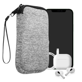 kwmobile Neoprene Phone Pouch Size L - 6.5" - Universal Cell Sleeve Mobile Bag with Zipper, Wrist Strap - Light Grey Matte/White