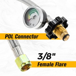 10FT Propane Gas Hose with 3/8" female flare fitting, Stainless Steel Braided POL Propane Tank Hose with Gauge and 5 Fittings Converter Adapters, Suitable for Heaters, Propane Grills, Fireplace