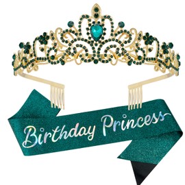 Velscrun Princess Crown, Tiaras for Girls, Green Birthday Princess Sash for Girls, Birthday Girl Crown, Birthday Accessories for Girls, Princess Birthday Decorations, Princess Birthday Party Supplies