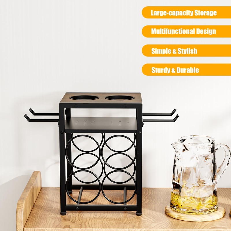 KLM Wine Rack Countertop, 6 Bottle 4 Glass Holder, Modern