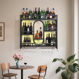 39in Wine Rack Wall Mounted with Led Light, 3-Tiers Black Bar Shelf Wall Mounted, Liquor Bottle Display Shelf, Wall Wine Rack for Kitchen Bar Dining Rooms Decoration