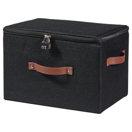 VinneGenzz Storage Bins Boxes with Zipper Lid Combination Lock PU Leather Handles Cotton Linen Fabric Lidded Lockable Baskets Foldable Washable Closet Shelf Organizer Container (Black, Large)