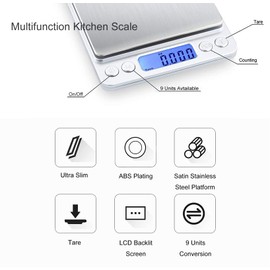 JOEAA Food Scale Digital Weight Grams and Ounces, 0.001oz/0.01g 500g Kitchen Scale for Food with Backlight LCD Display, Tare, 9 Units, Auto Off, 2 Trays, Batteries Included - Stainless Steel