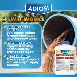 Adios! Sewer and Septic Root Killer for Trees and Shrubs, Copper Sulfate Formula Protects Sewer Pipes, Drains and Septic Tanks from Invasive Root Growth (2 Pound)