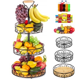ETECHMART Fruit Basket, Vegetables Countertop Bowl Storage With Banana Hanger, Detachable Bread, Snacks Baskets Holder Large Capacity Fruit Tray (Bamboo&Iron - 3 Tier)
