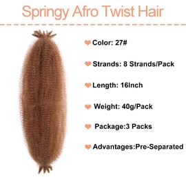 Mscat 40,6 cm, 3 Packungen vorgetrennte braune federnde Afro-Twist-Haarverlängerungen für Marley Twist Crochet Braiding Kunsthaarverlängerungen (8 Strähnen/Packung, 27#)