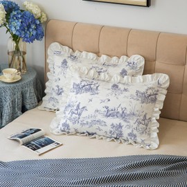 Pillow Shams Set of 2 Classic French Village Printed Linen Fabric Decorative Pillow Cases Retro Ruffle Flounces Trim for Home Bedroom Decor Pillow Covers Blue Standard 20x26 Inches