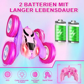 Remote Controlled Car, 2.4 GHz Double-Sided 360° Rotating RC Crawler with Headlights, Wheel Lights, 4WD Off Road Drift RC Car Toy, Gifts for Girls Boys 6-12 Pink Purple