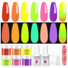 Lavender Violets 12Pcs Dip Powder Nail Kit Starter - 6 Colors Red Purple Orange Yellow Glow in the Dark Dipping Powder Liquid Set with Base & Top Coat Activator for Home Salon DIY M226