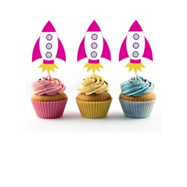 Girly Rocketship Cupcake Toppers for a Rocket Ship Party (24 Count) - Outerspace, Out of this World Girl Party Supplies