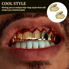 2pcs Solid Hip Hop Teeth Plain,Hip Hop Gold Single Tooth Cap,Hip Hop Teeth Grill Bling Slugs Decoration for Teeth Mouth,Single Top Fang Tooth Grills Cap,Party Accessories Teeth Grills (Golden)