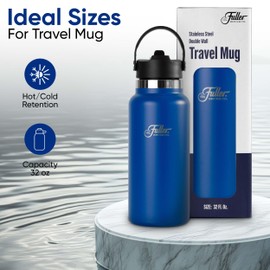 Fuller Stainless Steel Water Bottle with Straw Lid – BPA-Free, Sweat-Proof, Leak-Proof Travel Mug – Double Wall Insulated for Hot & Cold Drinks – Carry Handle (Mazarine Blue, 32 Oz.)