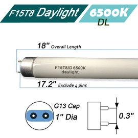 Flyercatch F15T8-D Daylight 15W Fluorescent Bulb,18'' F15T8/DL 6500K Bright White Lighting, T8 Linear Preheat Lamps, Full Spectrum for Aquarium Fish Tank, Plant Lighting