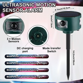 Qualirey 4 Pack Solar Outdoor Motion Sensor Alarm in 2 130db Loud Noise Maker Support Recording, Strobe Light Multiple Mode with Remote Control and USB Charging Cable (Green)