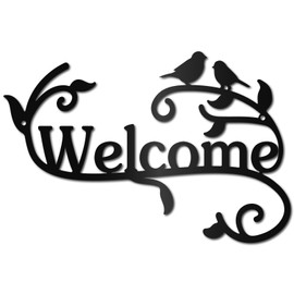 CREATCABIN Welcome Metal Wall Art, Birds on Branch, Decor, Wall Hanging, Silhouette, Sculpture, Ornament, Welcome Sign Made of Iron for Living Room, Kitchen, Garden, Decoration, Gift, Black, 30 x 20