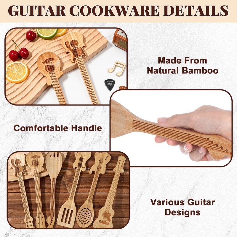 Wiooffen 6 Pcs Guitar Shaped Cooking Utensils Set Guitar Bamboo
