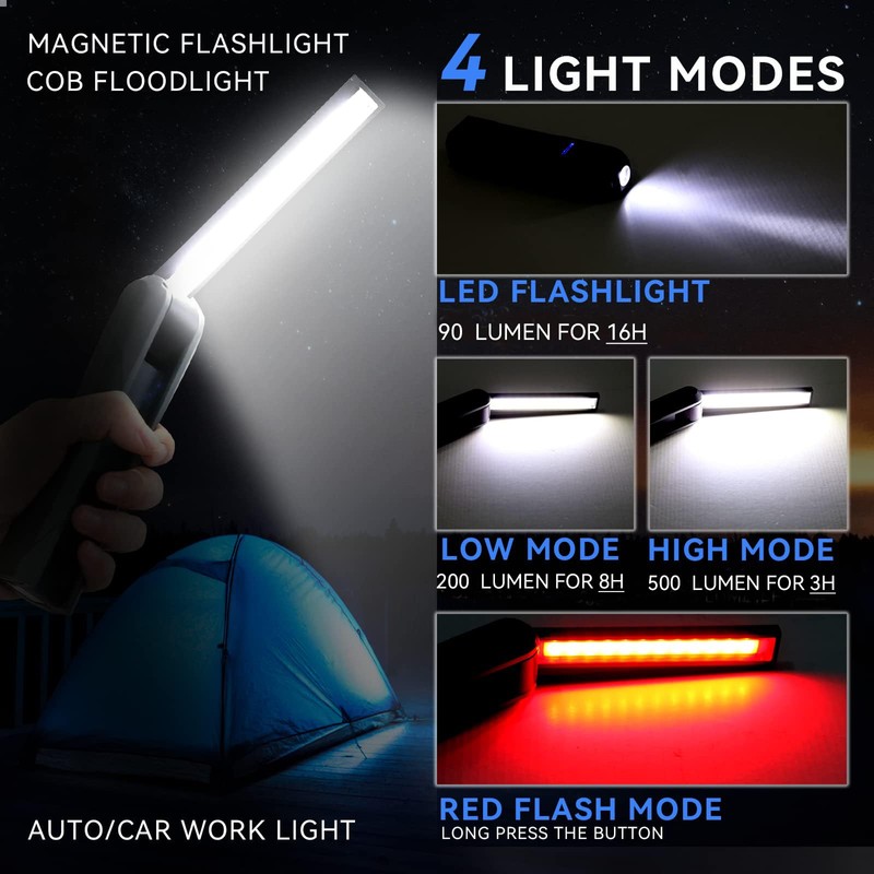 Durapower Rechargeable LED Work Light Automotive Foldable USB Portable Flashlight