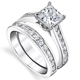 Bonndorf 4.3 Carats Sterling Silver Cubic Zirconia Bridal Set Engagement Wedding Ring Bands Princess Cut
