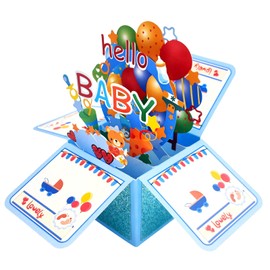 ZOOYOO Hello Baby Card,3D Pop Up Newborn Birthday Greeting Card for Baby Boy,Son,Grandson,Nephew with 1 Envelop,1 Message Card(Blue)