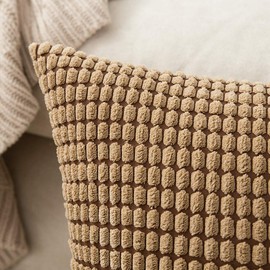MIULEE Set of 2 Decorative Corduroy Cushion Covers 16x16 Inches, 40cm x 40cm Striped Solid Square Throw Pillow Cases for Sofa Couch Home Bedroom Brown
