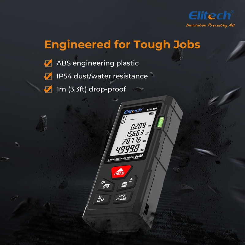 Elitech LDM-50S Laser Distance Meter, 50M Digital Measure Tool ±2mm