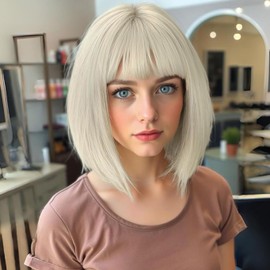 quickwig Short Bob Wig with Bangs Platinum Blonde Wig Colored Wigs Heat Resistant Synthetic Wig 12 Inch Party Cosplay Wigs for Women
