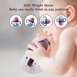 Baby Sippy Cup with Weighted Straw, Spill Proof Baby Straw Cup with Handles, Toddler Drinks Water Bottle with Leak-Proof Valve Spout, No Spill Trainer Cup 260ml (Purple)