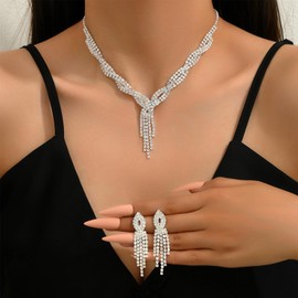 Apsvo Wedding Jewelry Sets for Brides Silver Crystal Rhinestone Prom Necklace Dangle Earrings Jewelry Set Bridal Wedding Prom Costume Accessories(set of 2)