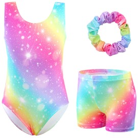 XiaoMoSha Gymnastics Leotards for Girls with Shorts and Hair Tie Sparkly Ballet Dance Set Rainbow Kids Sleeveless Unitards Sparking Gymnastics Outfits Tumbling Biketards Rainbow 7-8Y