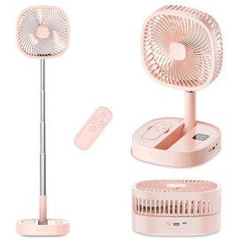 Dhenrio Portable Oscillating Pedestal Fan with Romote, 4 Speed 120° Telescopic Rotation Foldable Standing Collapsible Fans, 7200Mah Rechargeable, Quiet Timer DeskFan for Travel Camping Home, Pink