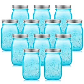 Tessco 12 Pcs 16 oz Colored Mason Jars with Lids Glass Pint Canning Containers Regular Mouth Kitchen Canisters for Food Storage, Christmas DIY Crafts, NOT Allowed Dishwasher (Baby Blue)