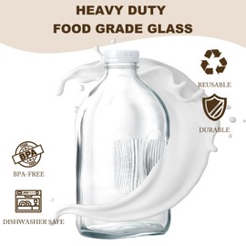 FyndraX Glass Milk Jugs Bottles - Half Gallon / 2Qt Container Pitcher with Airtight Screw Lids and Handle for Milk, Breastmilk, Juice, Iced Tea, Cold Water, 64 OZ Set of 2