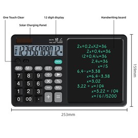 Desk Calculator with Pull - Out Stylus, 12 - Digit Wide Screen & 100,000+ Reusable Writing Pad, One - Click Clear/Lock, Solar & Battery Dual Power, Portable for School Office Business (Black)