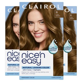Clairol Nice 'n Easy Permanent Hair Color, 6 Light Brown, 3 Count Allergy Gentle Single-Step Hair Dye with Conditioners, Natural-Looking Color, Salon Highlights, 100% Grey Coverage