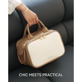 Prite Makeup Bag Cosmetic Bag Large Capacity Side Openings Travel Waterproof Portable Toiletry Bag with Handle and Multiple Compartments, beige-brown, L