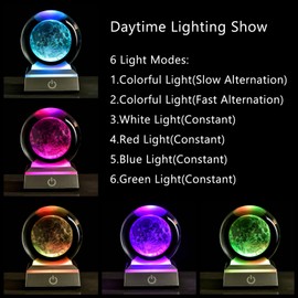 3D Laser Etched Moon Crystal Ball with LED Stand, Moon Sphere Lamp,Moon Night Light Ball, Moon Figurine Decor Glass Paperweight Gift for Women Kids Girlfriend Birthday(3.15 in,Touch Control)