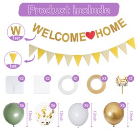 Hafuvool Sage Green Welcome Home Decorations, 12 Inch White Gold Welcome Home Banners Bunting Balloons and Cake Topper Set, Confetti Latex Balloons for Home Family Wedding Baby Shower Party Decorations