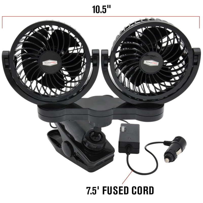 RoadPro RPSC8572 12-Volt Dual Fan with Mounting Clip, Black, 10X7X12