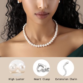 PEARLMES White Freshwater Cultured Pearl Necklace for Women, Real Pearl Strand Necklaces Jewelry with Heart Clasp,Valentines Day Gifts for Women, Her, Wife, Sister,8-9mm Per Pearl,16 inch