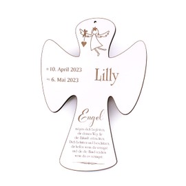 DEKOLANDO Engel Taufkreuz personalisiert mit Name Datum graviert Holzkreuz Kreuz Kinderkreuz mit Engel & Spruch weiß 15 x 21 cm