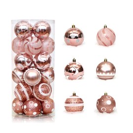 KiKom 2.36 Inch 24-Piece Christmas Baubles Shatterproof Painted Christmas Tree Decoration Set for Holiday Wedding Christmas Decoration 60 mm (Rose Gold)